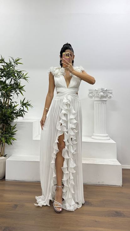 White Pleated Cross Waist Detail Special Design Evening Dress